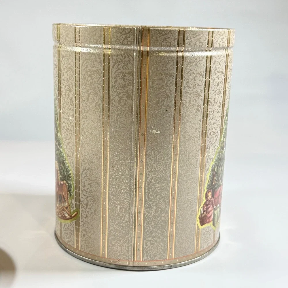 VTG Christmas Tin Holiday Cookie Canister Gold Victorian Tree Rocking Horse 8